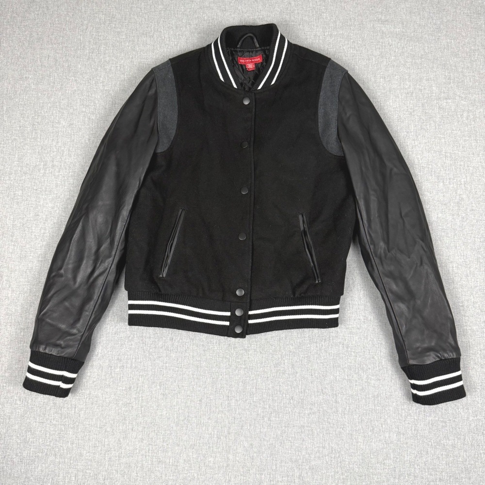 Saks Fifth Avenue Black Faux Leather Varsity Bomber Jacket Medium